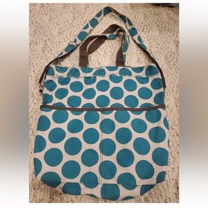 Thirty-one Retro Metro Foldover Canvas Tote, Teal, Polka Dot, Purse Bag Tote EUC